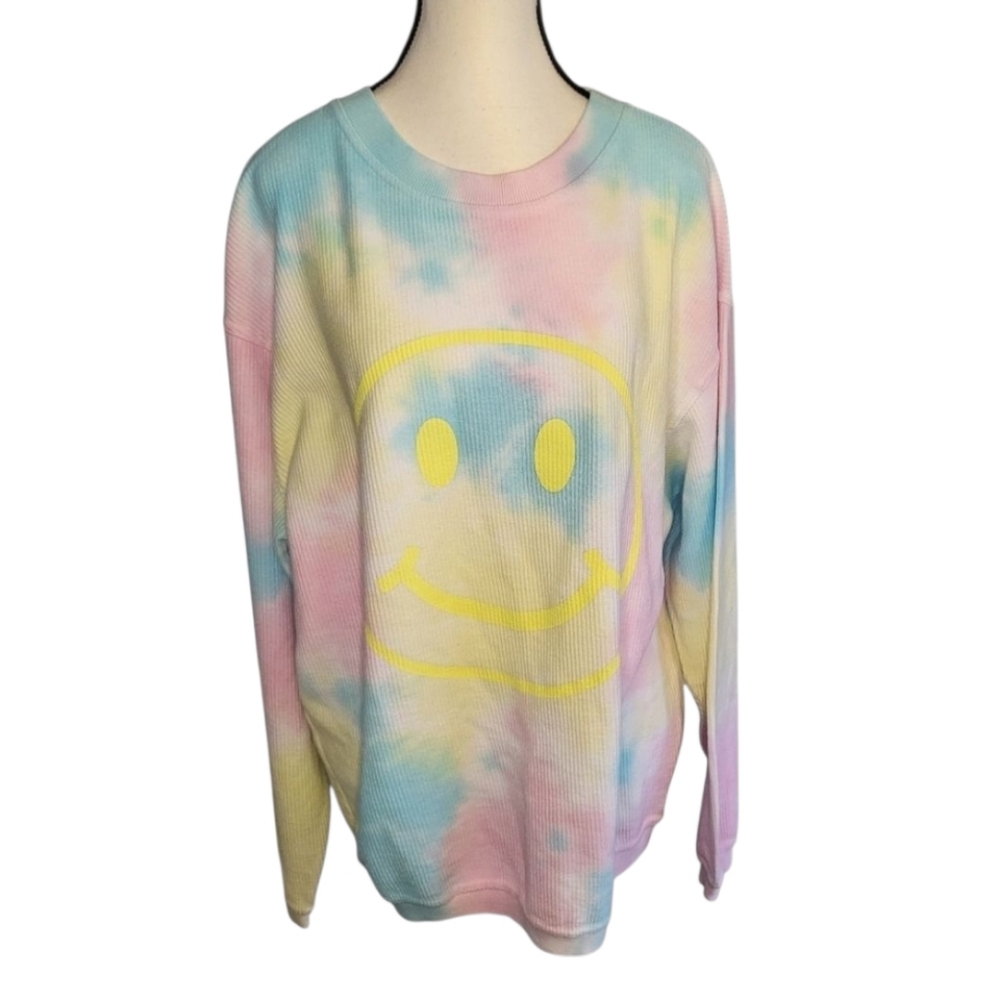 CHICKA-D  Pastel Tie-Dye Smiley Face Oversized Streetwear Sweater Size M
